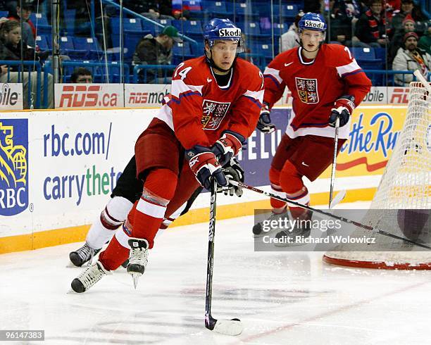 Jan Kovar of Team Czech Republic skates with the puck during the 2010 IIHF World Junior Championship Tournament Relegation game against Team Latvia...
