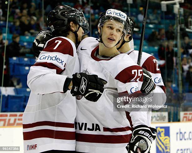 Raimonds Vilkoits and Martins Jakovlevs celebrate a goal during the 2010 IIHF World Junior Championship Tournament Relegation game against Team Czech...