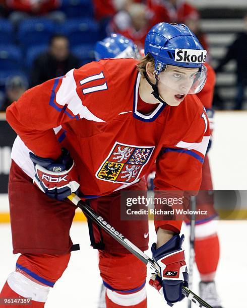 Andrej Nestrasil of Team Czech Republic waits for a faceoff during the 2010 IIHF World Junior Championship Tournament Relegation game against Team...