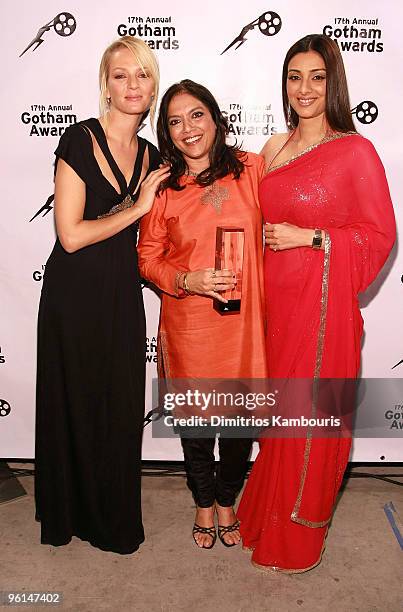 Actress Uma Thurman, Gotham Tribute Honoree Mira Nair and actress Tabu pose backstage during the 17th Annual Gotham Awards presented by IFP at...