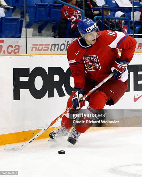 Tomas Kubalik of Team Czech Republic skates with the puck during the 2010 IIHF World Junior Championship Tournament Relegation game against Team...