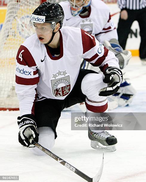 Gvido Kauss of Team Latvia gets down to block a pass during the 2010 IIHF World Junior Championship Tournament Relegation game against Team Czech...