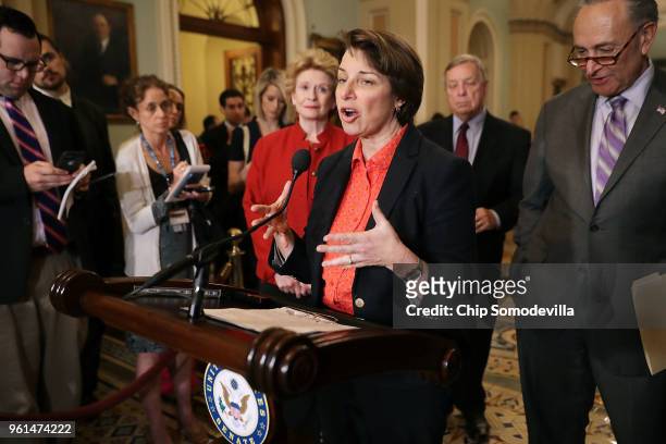 Sen. Amy Klobuchar talks to reporters with Sen. Debbie Stabenow and Senate Minority Leader Charles Schumer following the weekly Senate Republican...
