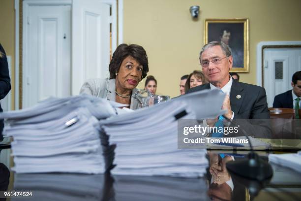 Reps. Blaine Luetkemeyer, R-Mo., and Maxine Waters, D-Calif., prepare for a House Rules Committee hearing in the Capitol on May 21, 2018.