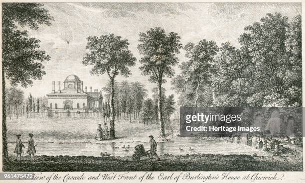Chiswick House, Hounslow, London, 1750. 'A View of the Cascade and West Front of the Earl of Burlington's House at Chiswick'. The Serpentine River,...