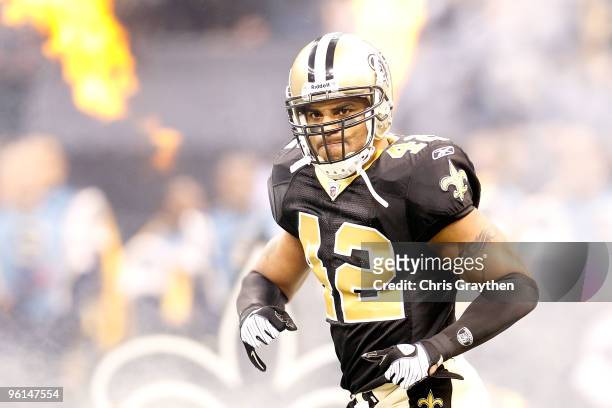 Darren Sharper of the New Orleans Saints runs on the field during player introductions against the Minnesota Vikings during the NFC Championship Game...