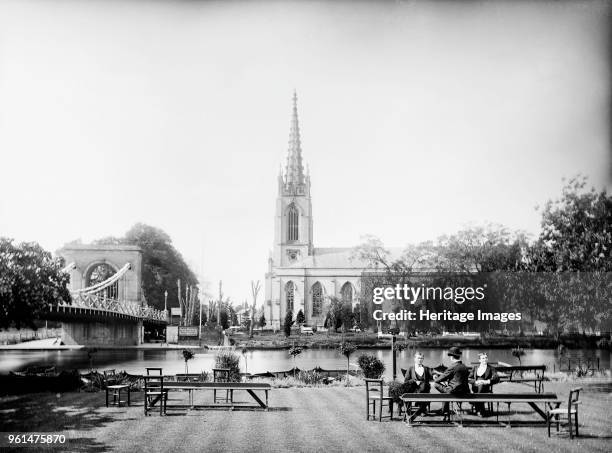 All Saints Church, Marlow, Buckinghamshire, 1883. View from the Compleat Angler Hotel, looking across the Thames with the bridge, designed by William...