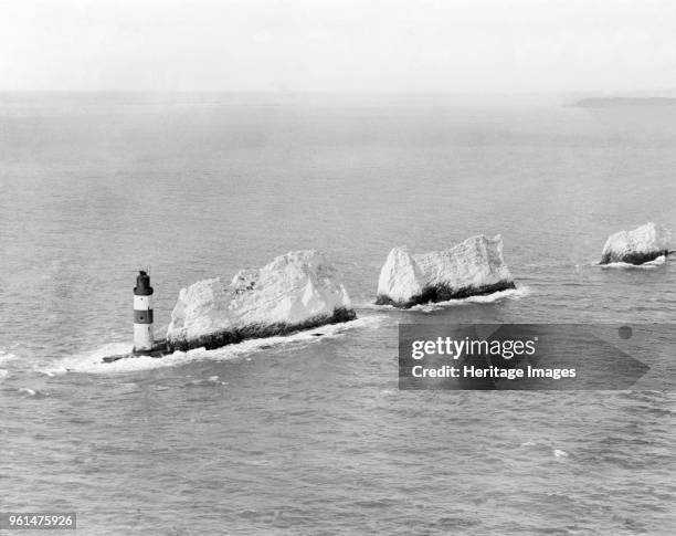 The Needles, Isle of Wight, 1920. Early aerial view of this famous landmark of chalk stacks rising out of the sea, culminating in the Needles...