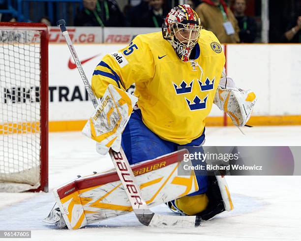 Jacob Markstrom of Team Sweden gets down to stop a shot during the 2010 IIHF World Junior Championship Tournament Semifinal game against Team USA on...
