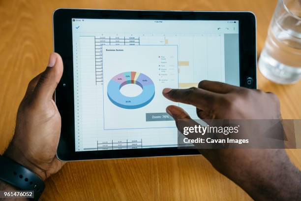 cropped image of businessman using tablet computer at table - personal perspective office stock pictures, royalty-free photos & images