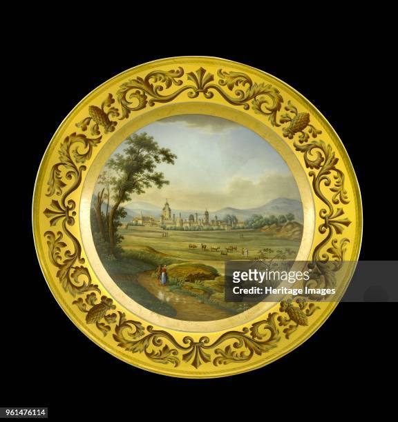 Dessert plate depicting the battlefield of Vitoria, Spain, 1810s. Item in Apsley House, London, from the Wellington Museum. Part of a dinner service...