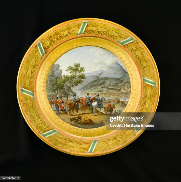 Dessert plate depicting the crossing of the Mondego, Portugal, 1810 . Item in Apsley House, London, from the Wellington Museum. Part of a dinner...