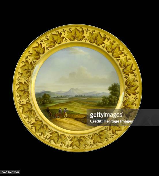 Dessert plate depicting the Battlefield of Talavera, Spain, 1810s. Item in Apsley House, London, from the Wellington Museum. Part of a dinner service...