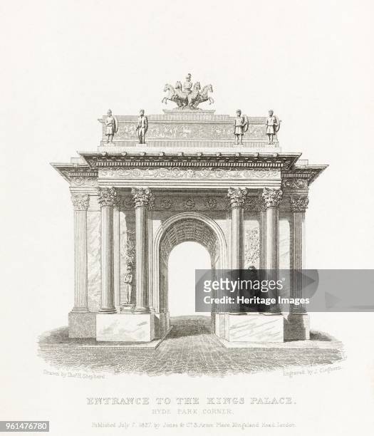Wellington Arch, Hyde Park Corner, Westminster, London, 1827. Illustration from Metropolitan Improvements, or London in the Nineteenth Century... By...