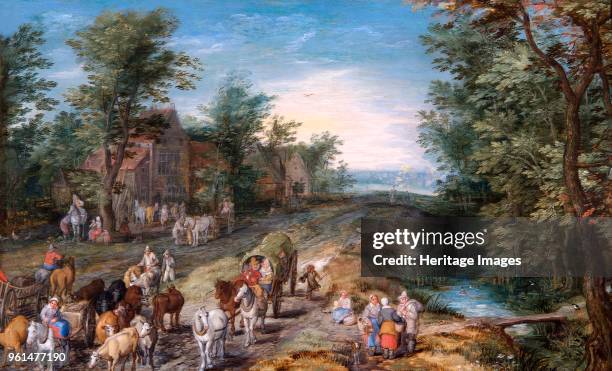 Road Scene with Travellers and Cattle', early 17th century. Painting in Apsley House, London. Part of the Spanish Royal Collection captured by the...