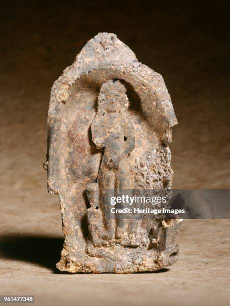 Venus figurine from Wroxeter Roman city, Shropshire, circirca 1990-c2017. General view of a lead votive shrine with a figurine of the Roman goddess...