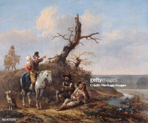 Landscape with Travellers Resting and Couple on Horseback', 17th century. Painting in Apsley House, London. Artist Johannes Lingelbach.