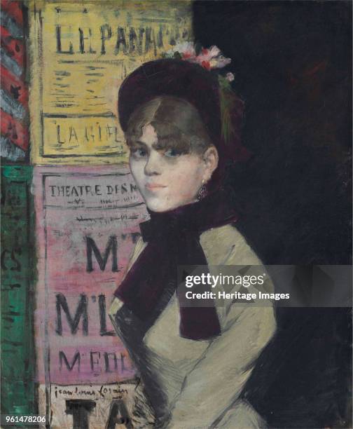 Young woman reading in Front of an Advertising Column, circa 1880-1885. Private Collection.