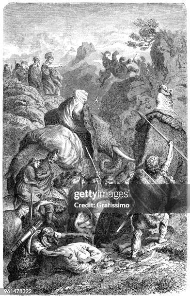 hannibal crossing the alpes with elephants illustration 1880 - alpine stock illustrations