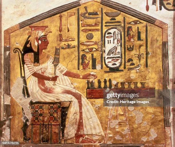Queen Nefertari Playing Senet. The tomb of Nefertari, the Wife of Pharaoh Ramesses II, circa 1298-1235 BC. Found in the Collection of The tomb of...