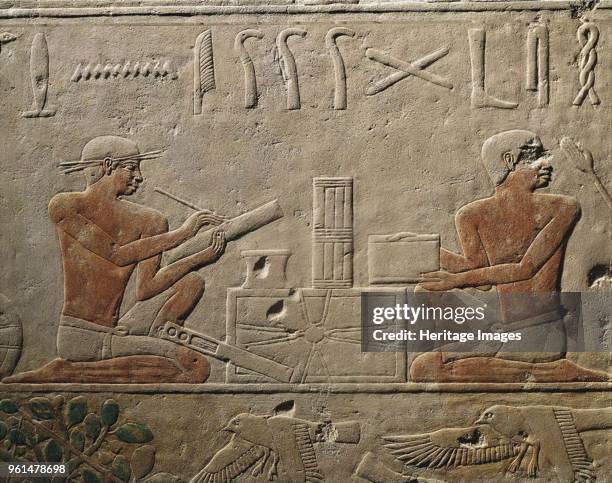 Two Scribes. Relief from Mastaba of Akhethotep at Saqqara, Old Kingdom, 5th Dynasty, ca 2494-2345 BC. Found in the Collection of The Egyptian Museum,...