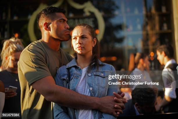 People pause pack into the streets near Albert Square on the first anniversary of the Manchester terrorist attack on May 22, 2018 in Manchester,...