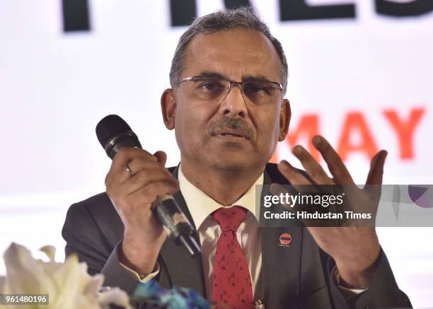 Sanjiv Singh, Chairman, Indian Oil, speaks with media personnel after presenting Indian Oils annual financial results for the year 2017-18 at Hotel...