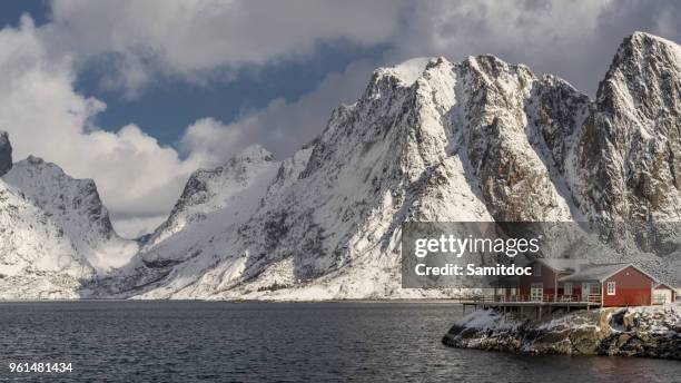 fishing village sakrisoy on lofoten islands (norway) during a sunny winter day - moskenesoya stock pictures, royalty-free photos & images