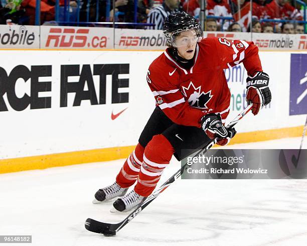 Ryan Ellis of Team Canada skates with the puck during the 2010 IIHF World Junior Championship Tournament Gold Medal game against Team USA on January...