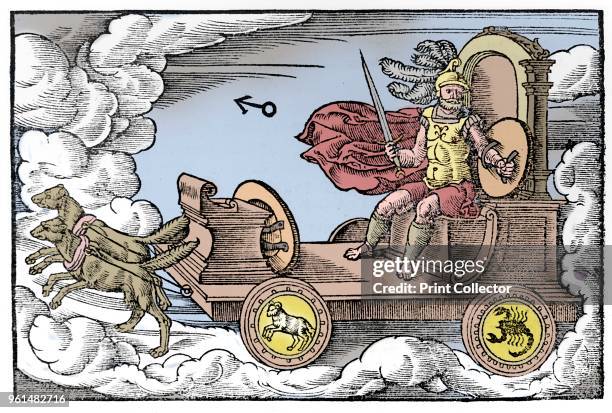 Mars, Roman god of war, 1569. Mars riding in his chariot pulled by dogs . Mars was regarded as a male planet, hot and fiery. Those born under Mars...