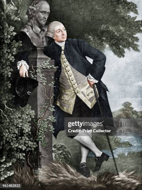 David Garrick , English actor, playwright, theatre manager and producer, 1905. Garrick is seen here leaning on a bust of William Shakespeare. From...