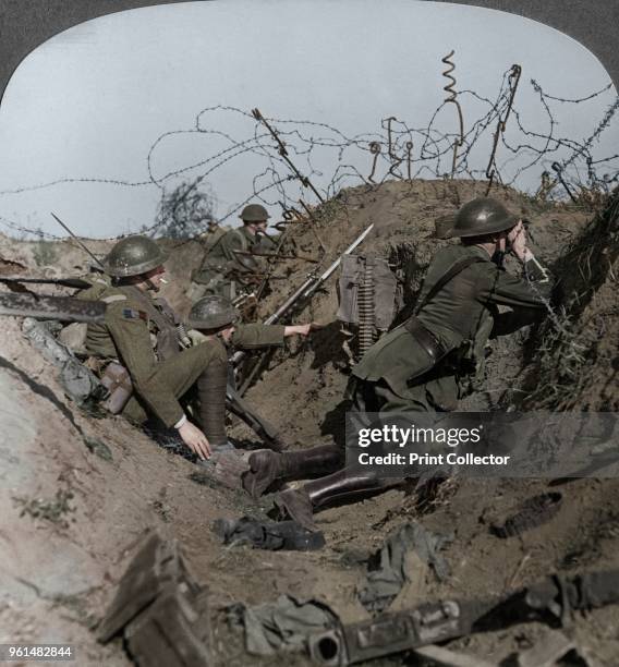 Observation officer and signallers keep a sharp lookout, St Quentin, France, World War I, 1914-1918. Stereoscopic card detail. . Artist Realistic...