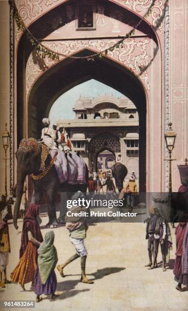 Rajputana. From the royal stables within the palace of the Maharaja of Jaipur come stately elephants with solemn tread', early 19th century, . From...