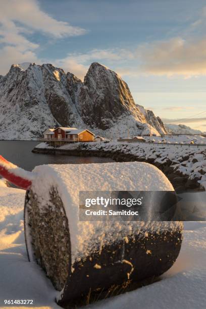 fishing village sakrisoy on lofoten islands (norway) during a sunny winter day - rorbuer stock pictures, royalty-free photos & images