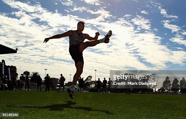 David Hille of the Bombers kicks for goal in the Essendon SuperBoot competition during an Essendon Bombers AFL training session at Windy Hill on...