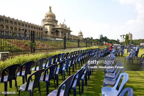 Preparation in full swing ahead of swearing-in ceremony of Janata Dal leader HD Kumarswamy at Vidhan Soudha on May 22, 2018 in Bengaluru, India.