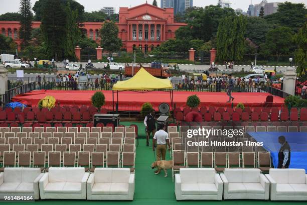 Preparation in full swing ahead of swearing-in ceremony of Janata Dal leader HD Kumarswamy at Vidhan Soudha on May 22, 2018 in Bengaluru, India.