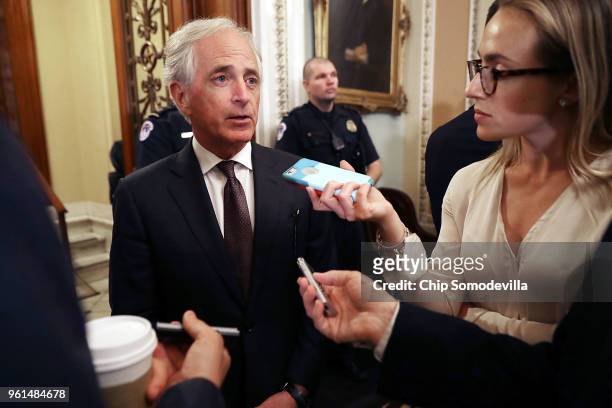 Senate Foreign Relations Committee Chairman Bob Corker talks to reporters following the weekly Senate Republican policy luncheon at the U.S. Capitol...