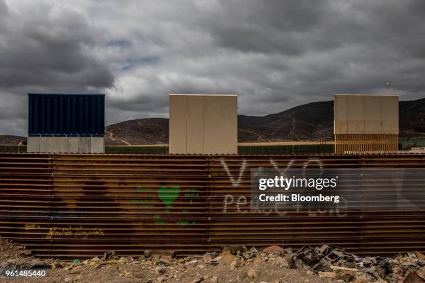 Prototypes for the new U.S. -Mexico border wall stands on display in Tijuana, Mexico, on Monday, May 21, 2018. "We won't care about threats of a...