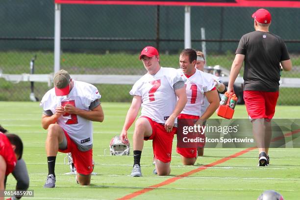 Special team members including Chandler Catanzaro stretch during the Tampa Bay Buccaneers OTA on May 22, 2018 at One Buccaneer Place in Tampa,...