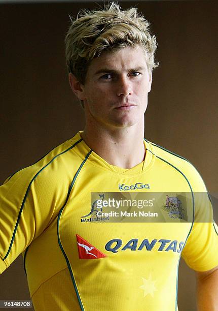 Berrick Barnes of the Wallabies models the new KooGa jersey during a media session to unveil the new Qantas Wallabies jersey at the Shangri La Hotel...