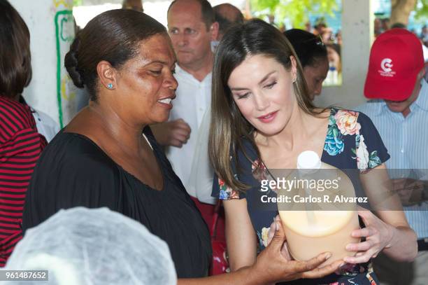 Queen Letizia of Spain visits a banana cooperative on May 22, 2018 in Azua, Dominican Republic. Queen Letizia of Spain is on a two day visit to...
