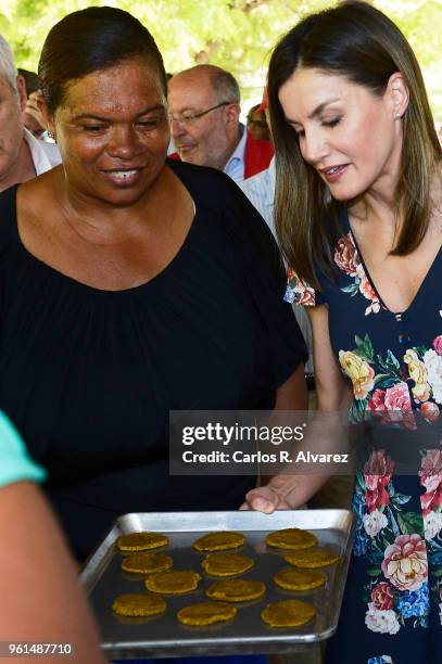 Queen Letizia of Spain visits a banana cooperative on May 22, 2018 in Azua, Dominican Republic. Queen Letizia of Spain is on a two day visit to...