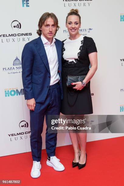 Croatian football player of Real Madrid Luka Modric and wife Vanja Bosnic attend the 'Hombre De Fe' premiere at Yelmo cinema on May 22, 2018 in San...