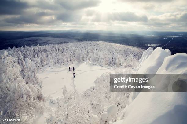 aerial view of people on snowcapped landscape - majestoso - fotografias e filmes do acervo