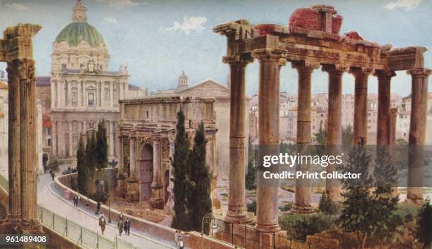 Rome. On the Palatine Hill the eight columns of the temple of Saturn face the domed church of Santa Martina e Luca, and in between these two stands...