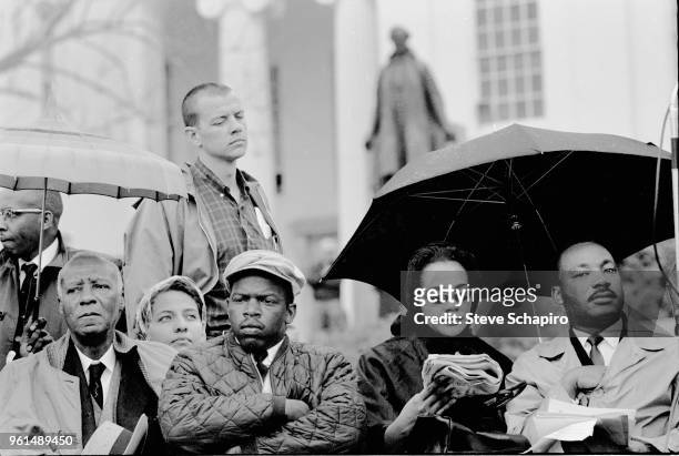 View of, fore from left, American Civil Rights and union leader A Philip Randolph , Student Non-violent Coordinating Committee President John Lewis,...