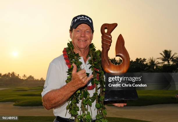 Tom Watson poses with the tournament trophy after winning the Mitsubishi Electric Championship at Hualalai held at Hualalai Golf Club on January 24,...