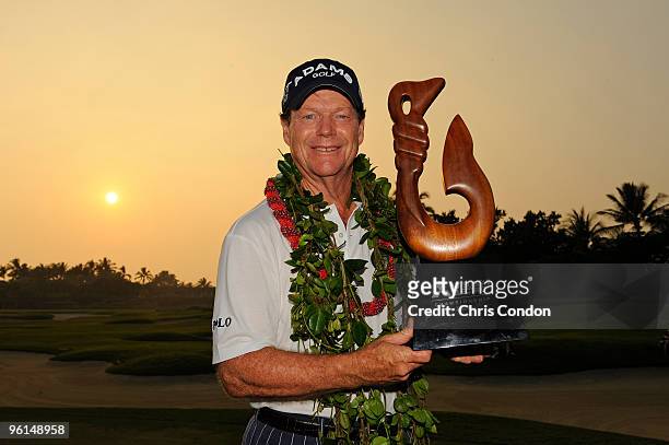 Tom Watson poses with the tournament trophy after winning the Mitsubishi Electric Championship at Hualalai held at Hualalai Golf Club on January 24,...