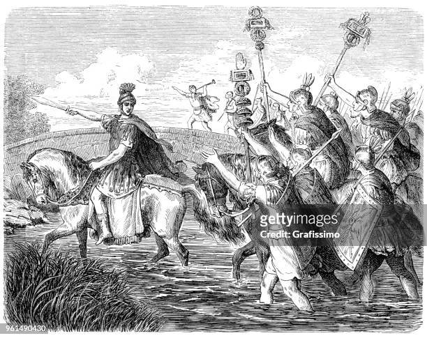emperor julius caesar crossing the river rubicon illustration 1880 - dictator stock illustrations